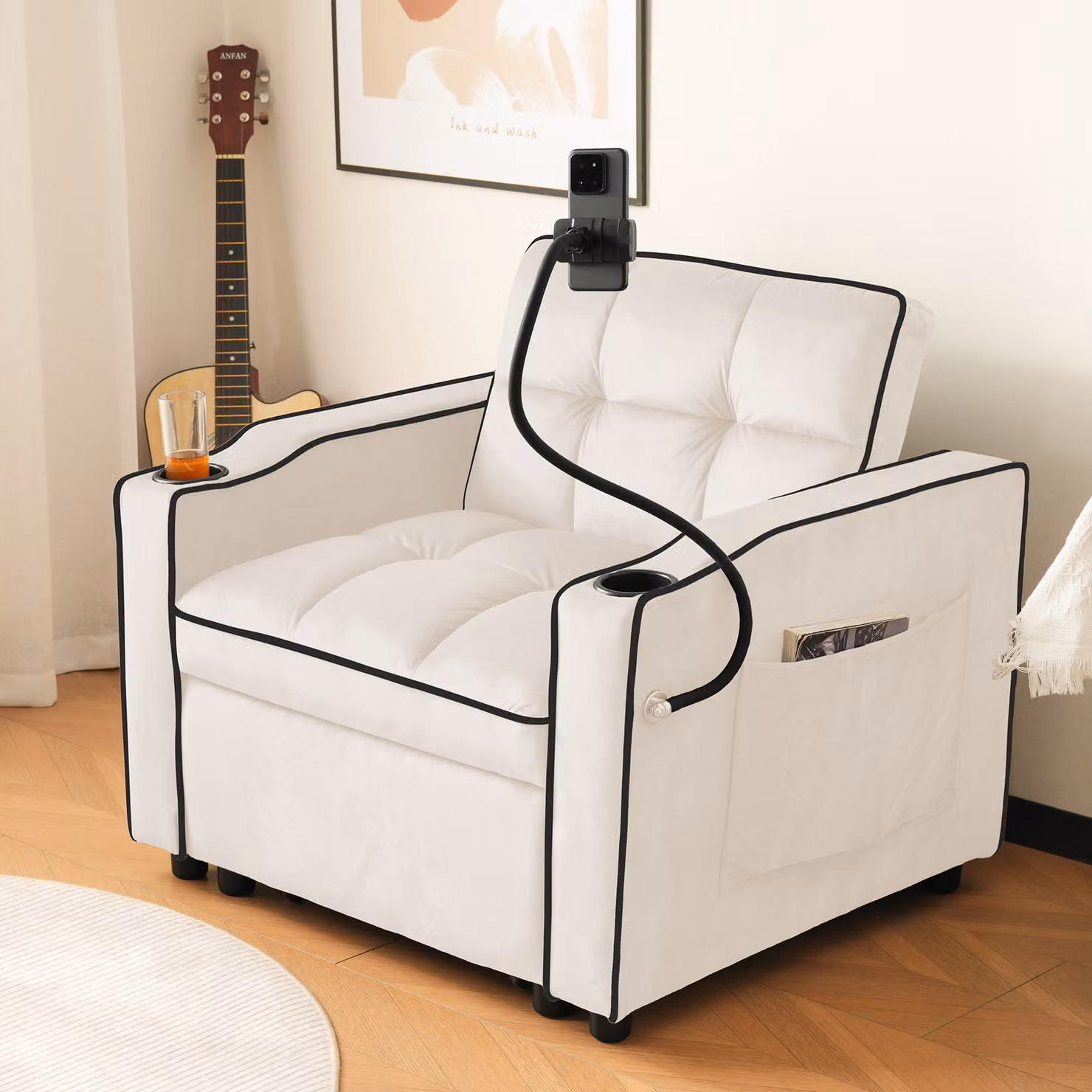 MODFU Divano letto 3 in 1 con portabicchieri e portacellulare, divano letto singolo estensibile Divano reclinabile con funzione letto, poltrona letto, poltrona, perfetto per stanze piccole, beige