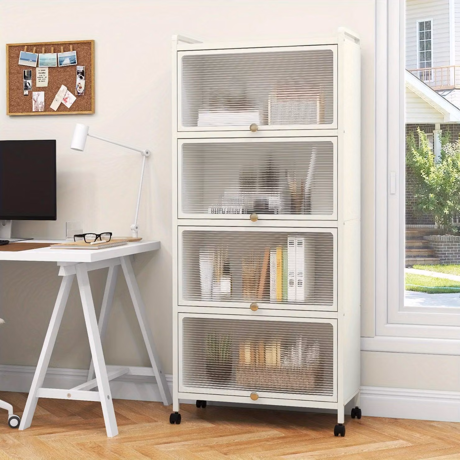 Armadio contenitore - Scaffale portaoggetti - Mobiletto da cucina - Mobile a parete - Mobile contenitore - Con ruote - 5 ripiani - Plastica bianca