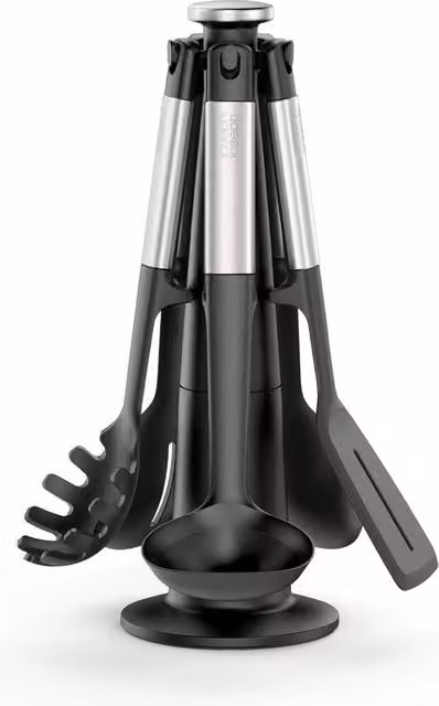 Set di 5 utensili da cucina Joseph Joseph in silicone nero con manici in acciaio inossidabile, resistenti al calore e antiaderenti
