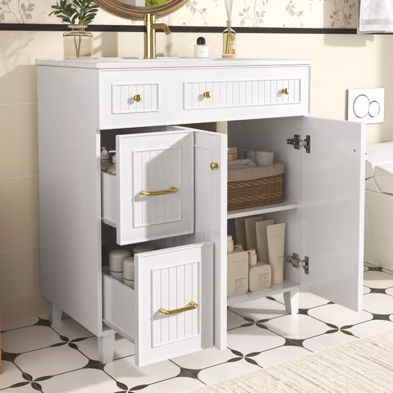 Mobile bagno Fortuna Lai con lavabo 81,7 cm - Mobile bagno a colonna con lavabo in Vetroceramica, superficie laccata, spazio contenitivo multifunzionale e piedini in legno massello dal design moderno e lussuoso - bianco
