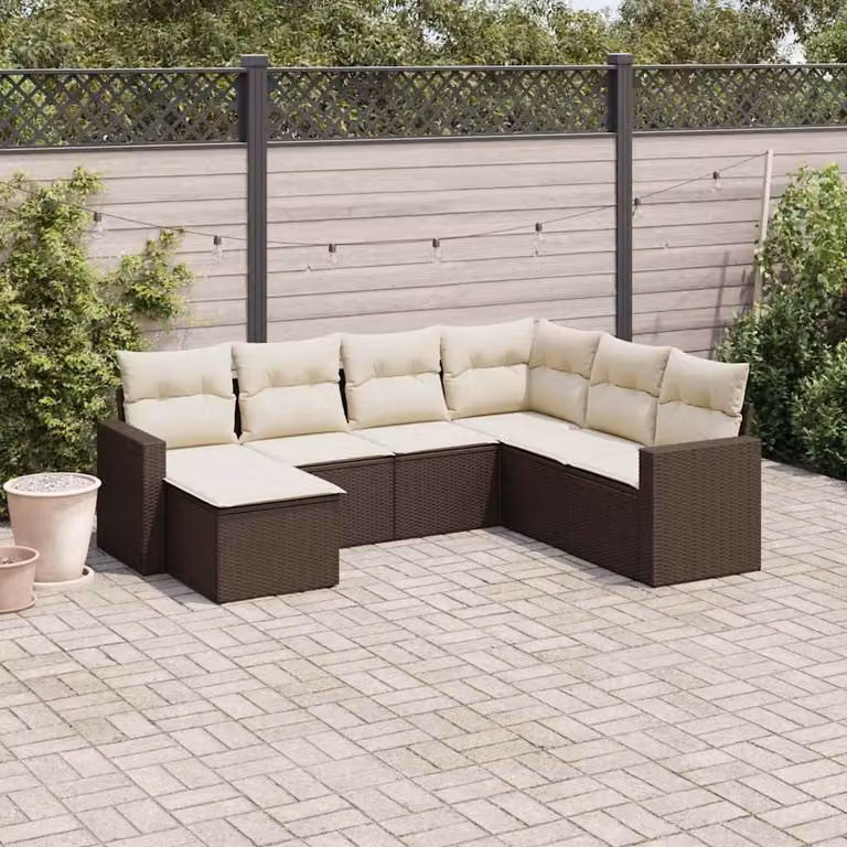 Set di divani da giardino vidaXL a forma di L composto da 7 pezzi con cuscini marroni e bianchi in polyrattan e tessuto resistente ai raggi UV