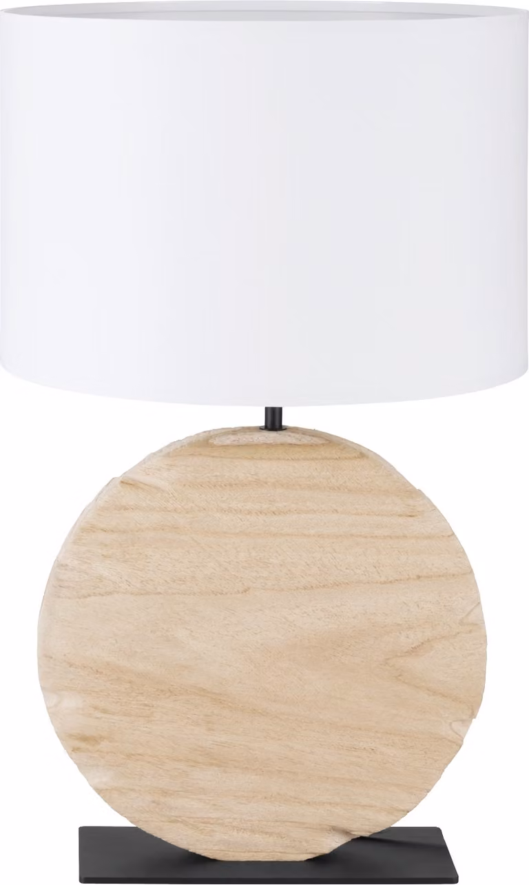 Lampada da tavolo - Bianco - Marrone - Nero - H 64 cm - Legno - Acciaio - Paralume in tessuto - Rotondo