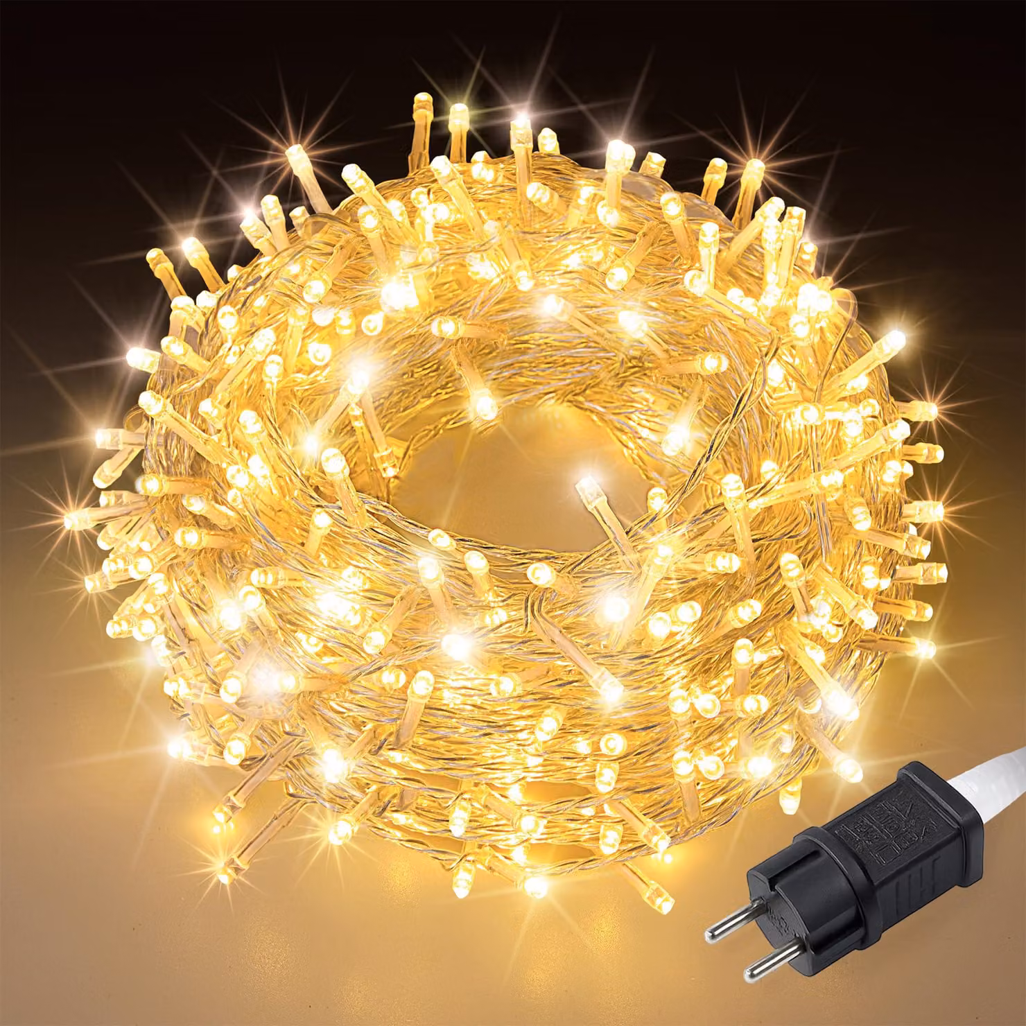 Catena luminosa da 10 metri, 100 LED, luce bianco caldo, grado di protezione IP44, 8 modalità