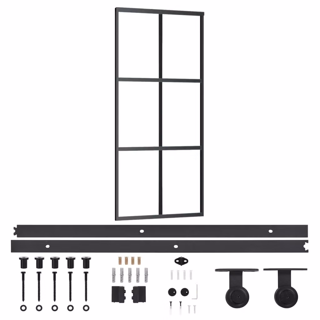 Porta Scorrevole vidaXL in Alluminio Nero con Vetro ESG Trasparente L: 90 cm, H: 205 cm – 2