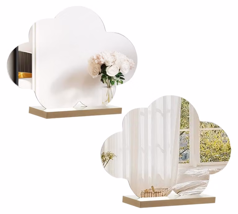 Specchi acrilici a forma di nuvola, 2 pezzi, con base in legno, piccoli specchi da trucco per la camera da letto
