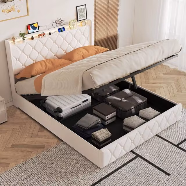 Letto Matrimoniale 160x200 cm; Letto Contenitore Idraulico Imbottito; Luci LED e Porta USB; Struttura Letto in Velluto; Beige; Senza Materasso