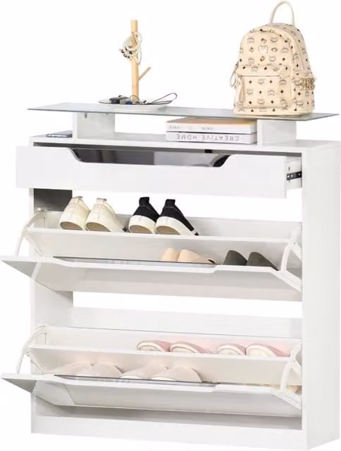 EasyComfort Scarpiera Moderna con 2 Cassetti per 16 Scarpe, Scarpiera a Ribalta con Mensola Regolabile e Ripiano in Vetro, 89x23x96cm, Bianco Lucido