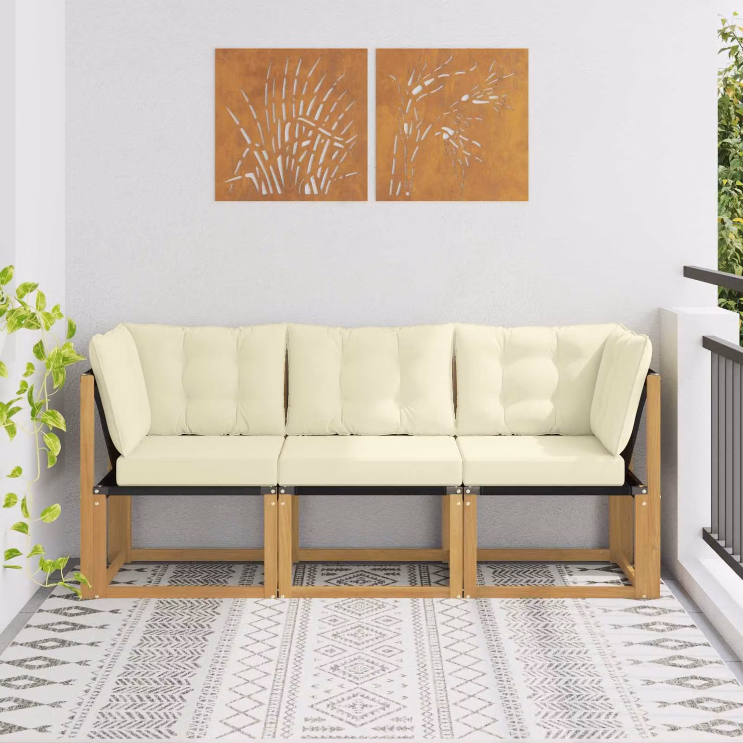Set di divano modulare da esterno angolare vidaXL in legno di acacia e tessuto bianco con cuscini inclusi