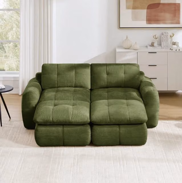 Divano modulare senza telaio in chenille verde 194x160x68 cm con seduta ampia e profonda