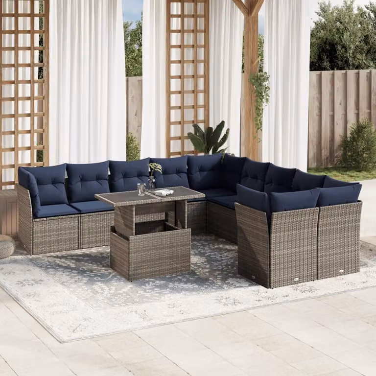 Set Divani da Giardino vidaXL 11 pz in Polyrattan Grigio e Blu con Cuscini e Tavolino da Esterno