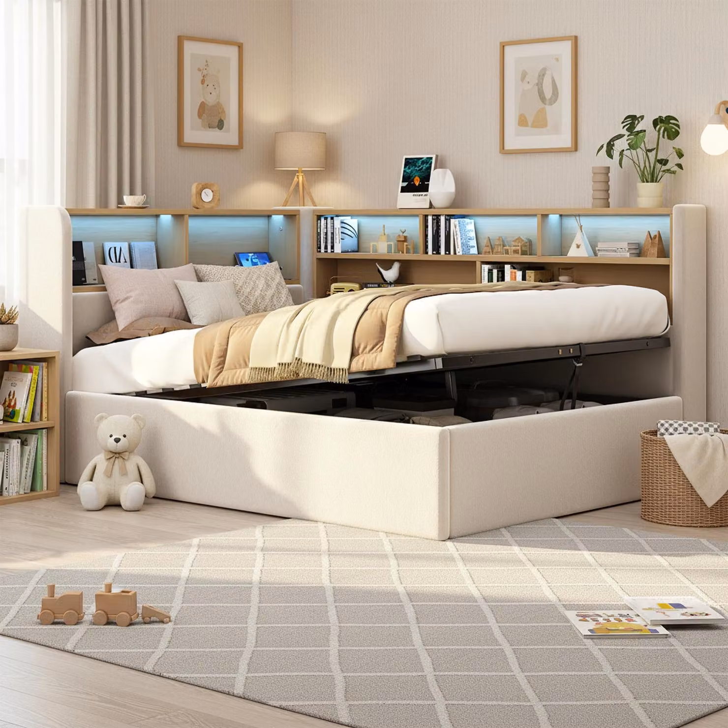 MODFU Divano letto letto per ragazzi 90x200 cm con illuminazione a LED, letto singolo con porta USB e schienale, letto idraulico con vano contenitore, senza materasso, beige