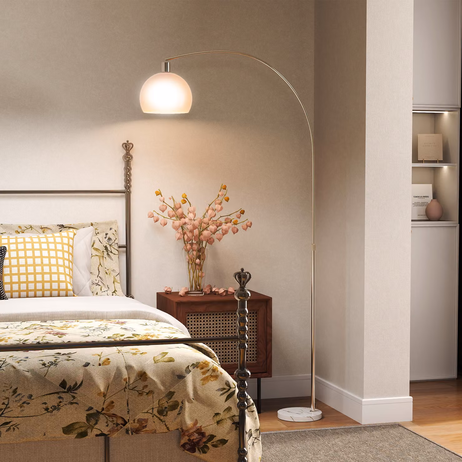 Lampada da terra ad arco HOMCOM con base in marmo e interruttore a pedale, colore bianco – 2