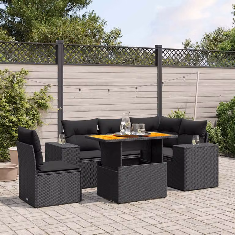 Set Divano da Giardino vidaXL 6 pz in Polyrattan Nero con Cuscini e Tavolino da Esterno a Forma di L
