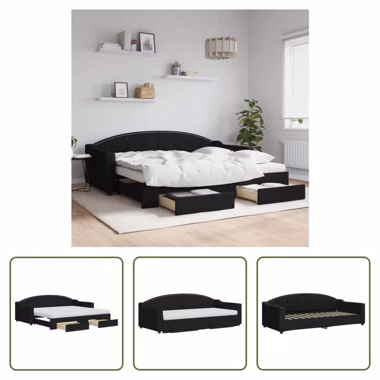 The Living Store Letto allungabile con cassetti nero 90x200 cm tessuto