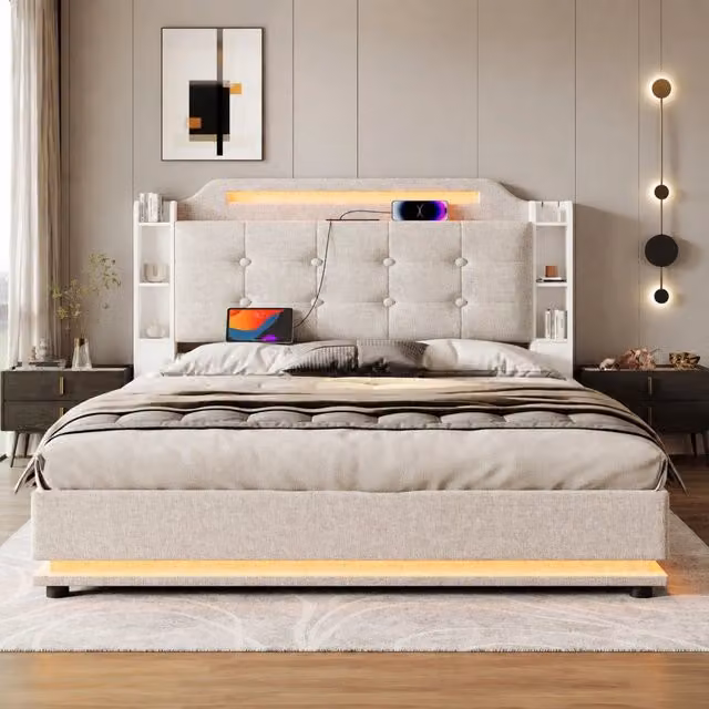 Letto imbottito 140 × 200 cm con contenitore idraulico in lino beige con LED USB e porte Type-C