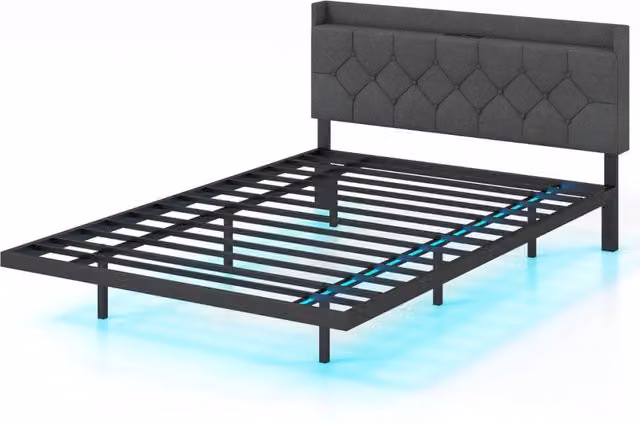 Letto galleggiante con luci LED testiera imbottita regolabile e stazione di ricarica, Base per materasso Grigio 208x144x87cm