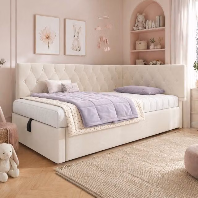 Letto imbottito con contenitore idraulico 90x200 cm in velluto beige; testiera reversibile