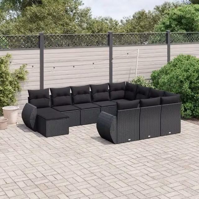 Set di divani da giardino VIDAXL in polyrattan nero con cuscini, 11 pezzi