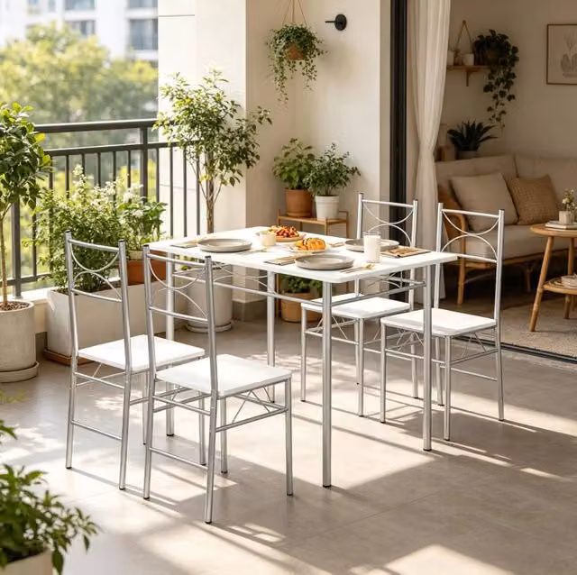 Set tavolo da pranzo con 4 sedie MDF e metallo bianco argento