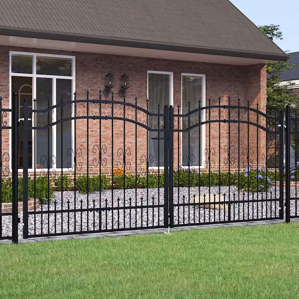 Cancello per recinzione KAMPEN vidaXL in acciaio con punta a lancia, Nero, L: 302 cm, H: 125 cm