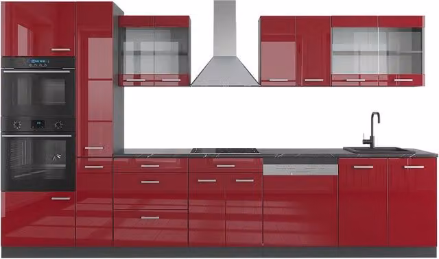 Cucina componibile moderna Vicco R-Line Rosso lucido e Antracite con armadio alto, L: 350 cm – 1