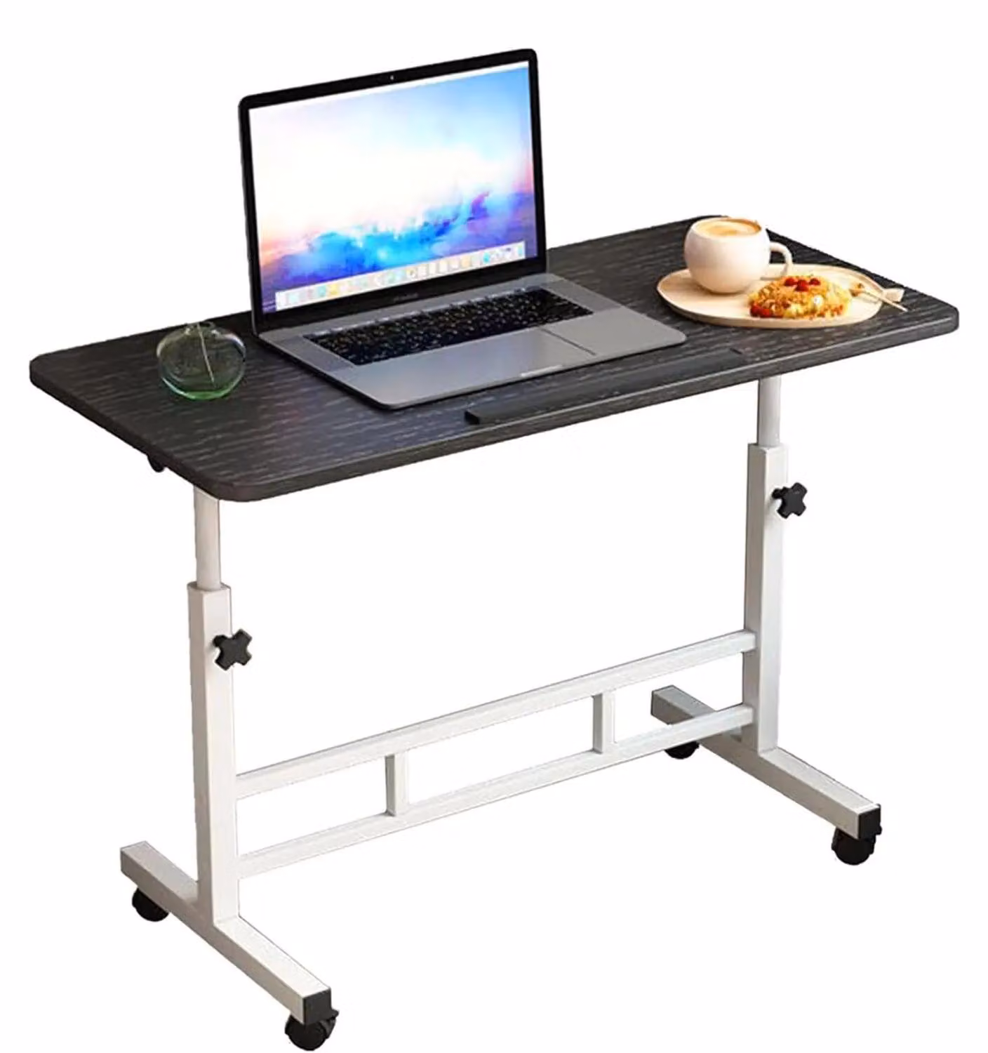 Scrivania regolabile in altezza per stare in piedi - Tavolo portatile per laptop - Altezza regolabile da 65 a 87 cm - Inclinazione di 180° - Con rotelle - Pieghevole - Colore nero