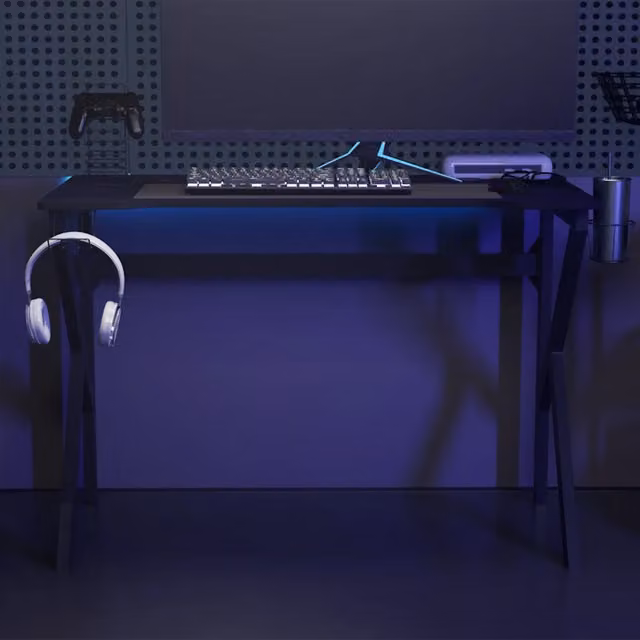 Scrivania da Gaming MercatoXL Nera con Gambe a X in Metallo e Piano in Legno L: 110 cm, P: 60 cm, H: 75 cm