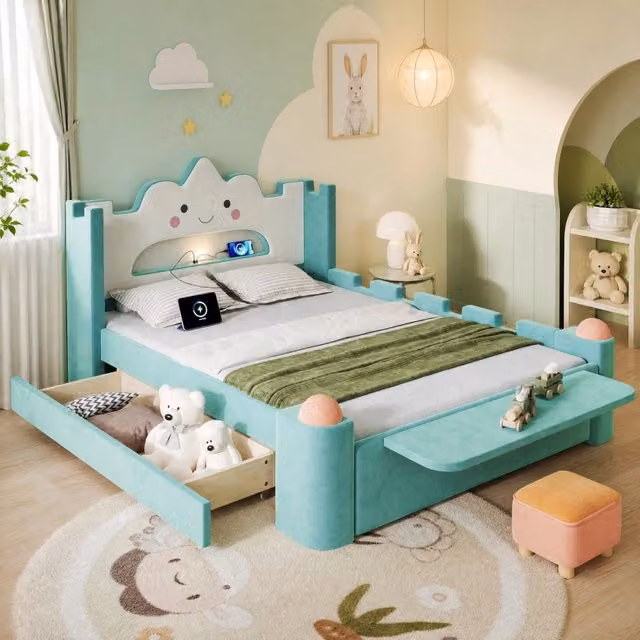 Letto matrimoniale Mivray rivestito in velluto blu e verde con cassetto, testiera a nuvola con LED, porta USB e illuminazione sottostante, L/P: 140 x 200 cm – 1
