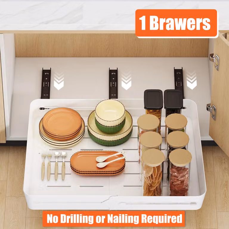 Organizzatore estensibile per armadietti da cucina - Contenitore scorrevole - Plastica - Riutilizzabile - Versatile - Bianco, 1 pezzo