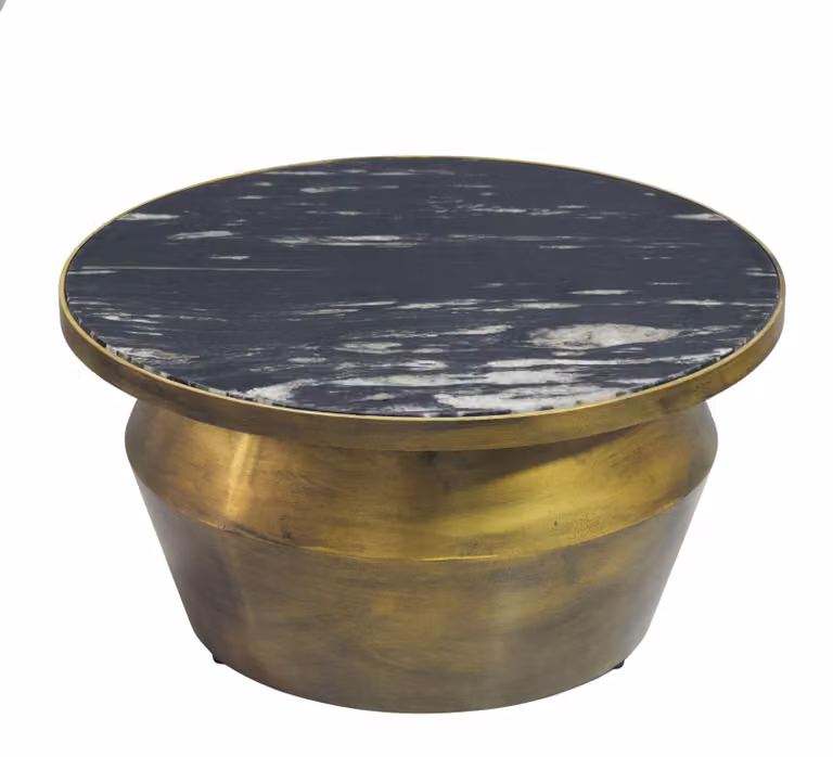 Tavolino WOHNLING, 60 cm, in alluminio con piano in marmo nero. Tavolino rotondo per soggiorno, da usare accanto al divano, come tavolino da caffè o tavolino ausiliario. Prodotto artigianale