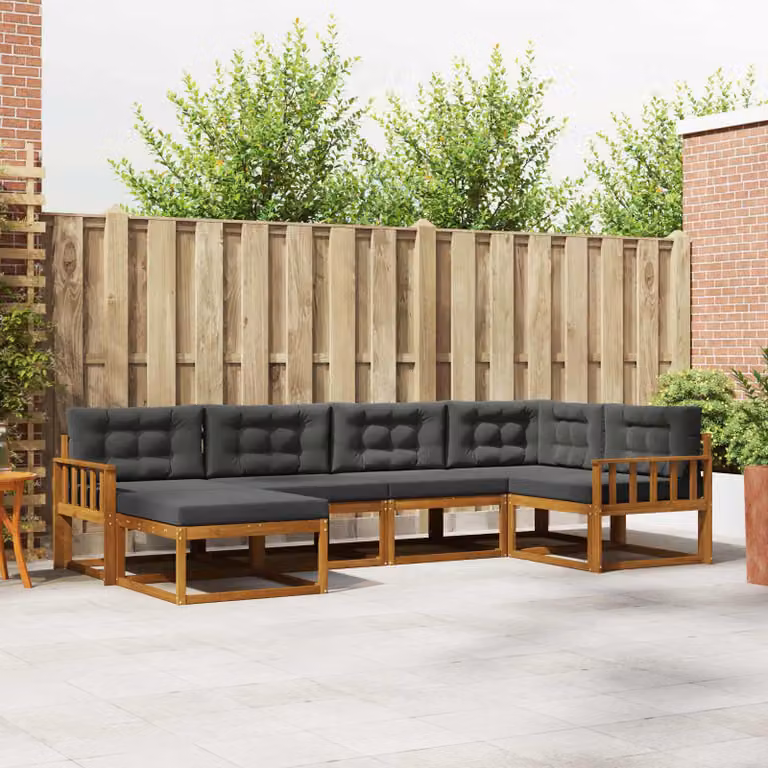 vidaXL Set di divani da esterno a L in legno di acacia con cuscini, 6 pezzi, Beige e Antracite