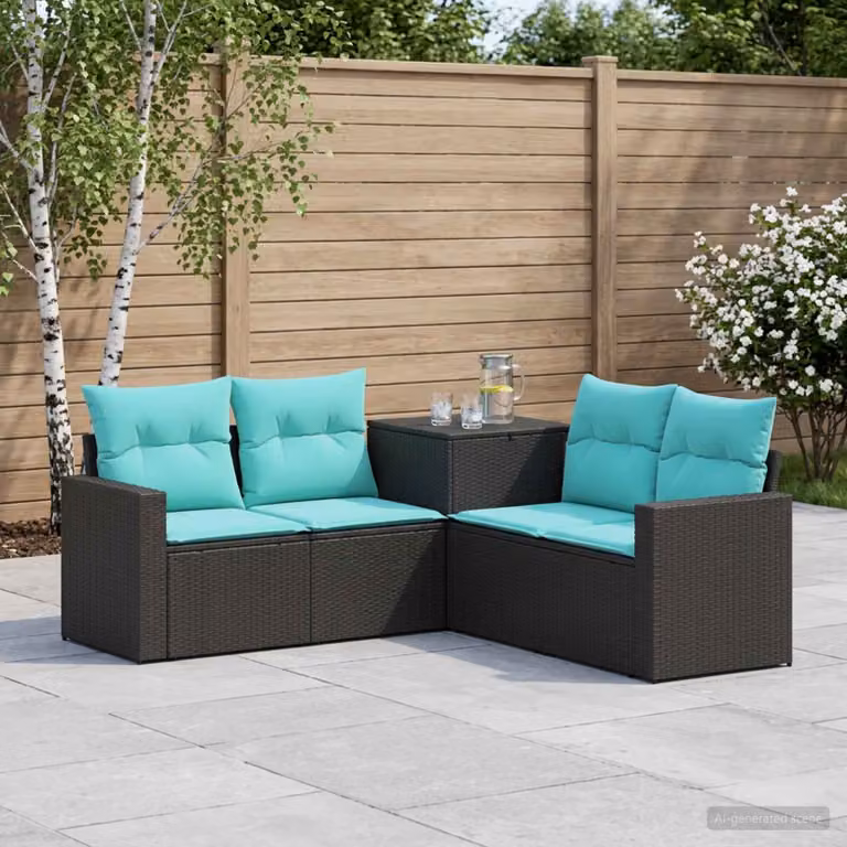 Set di divani da giardino vidaXL a forma di L con poltrona, divano a 2 posti, elemento angolare e pouf in rattan sintetico e metallo, colore nero e blu