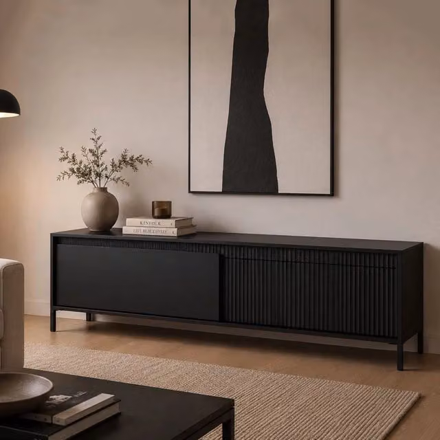 Mobile porta TV Kameza DMORA con un ripiano, nero, L 154 cm x P 40 cm x H 53 cm