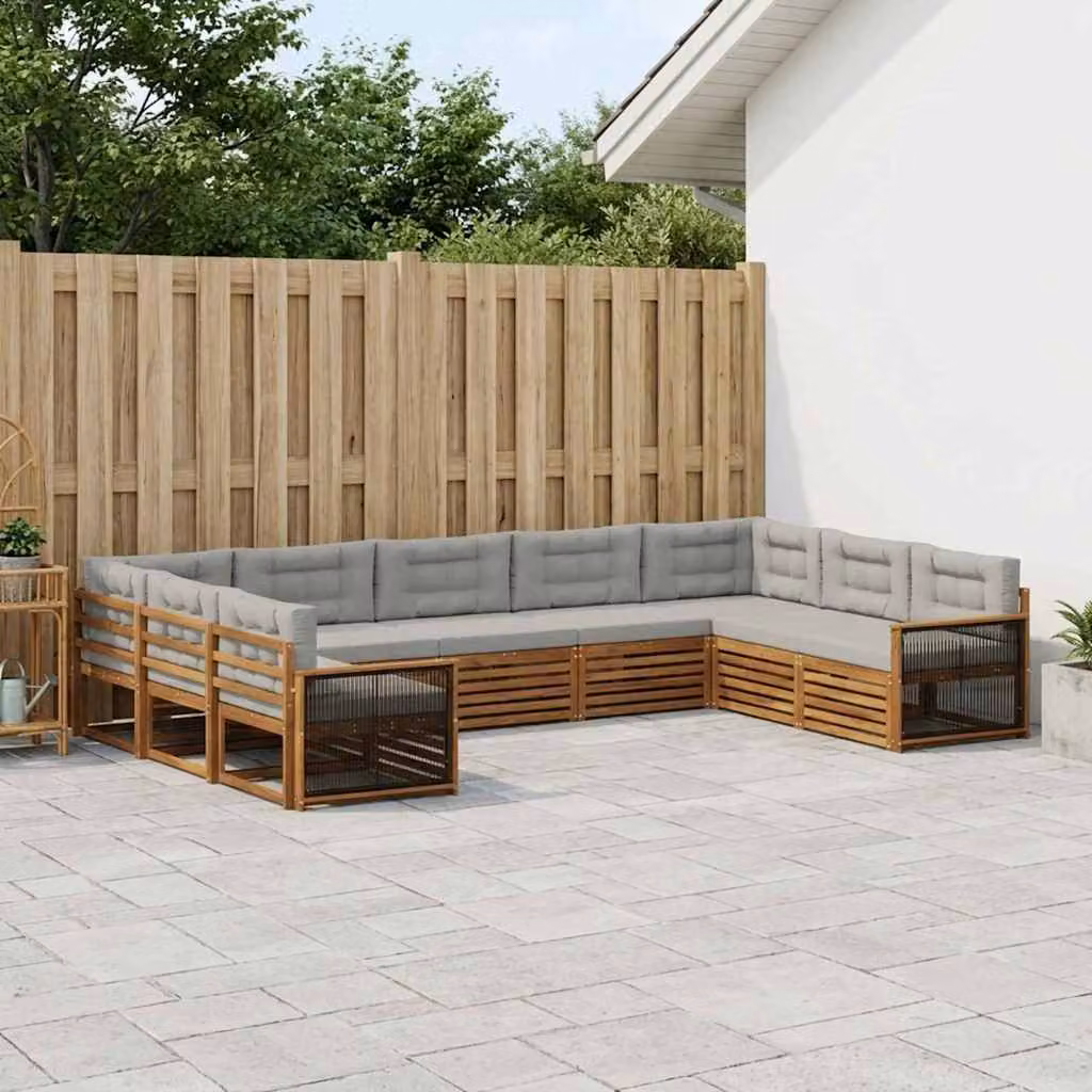 vidaXL Set di divani da esterno a L in legno di acacia con cuscini, 9 pezzi, Beige e Grigio