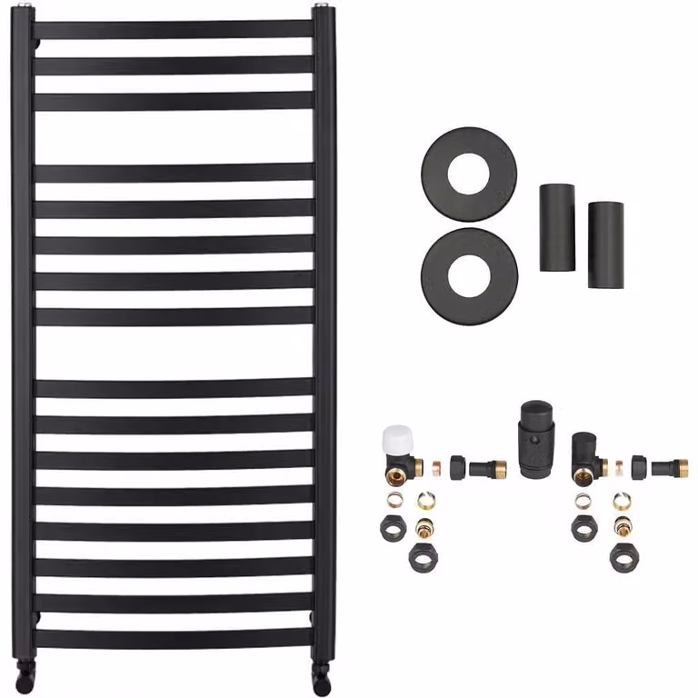 Set radiatore per bagno Paolo - riscaldamento centralizzato - attacco laterale - 604W - nero opaco - 1090x550 mm