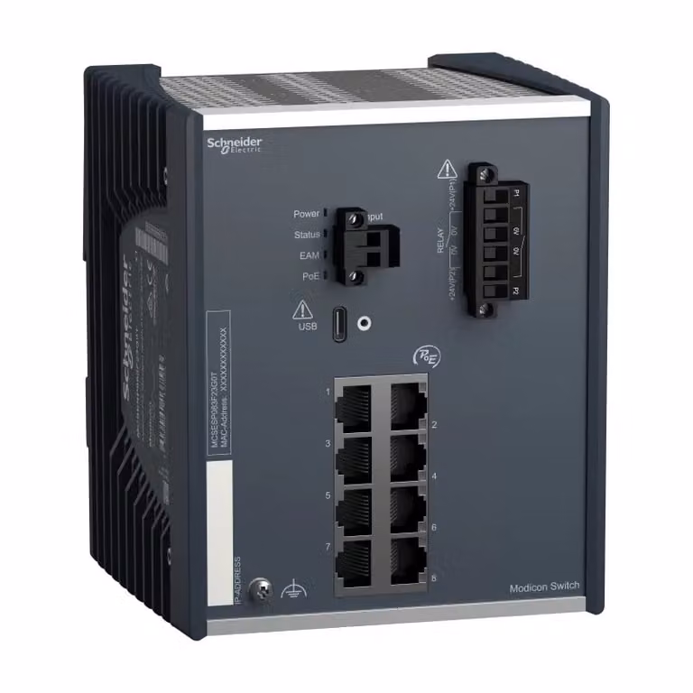 Switch gestito PoE Schneider Electric Modicon, 8 porte Gigabit per cavi in rame (8TX 10/100/1000 Mbit/s), temperatura estesa, Power over Ethernet MCSESP083F23G0T