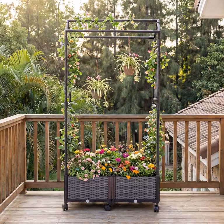 Costway Cassetta per piante con irrigazione automatica e letto rialzato su ruote bloccabili, Vaso da esterno nero con tetto in rattan impermeabile in WPC