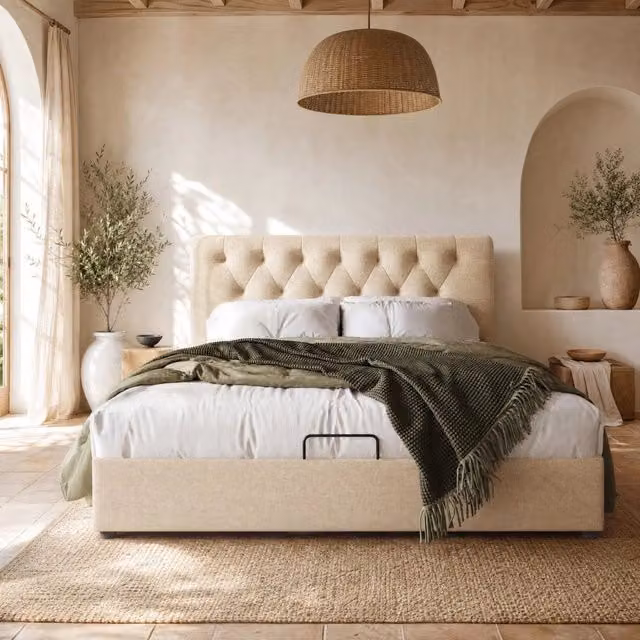 Letto matrimoniale ULEVR 140x200 cm con contenitore idraulico e testiera regolabile, lino naturale