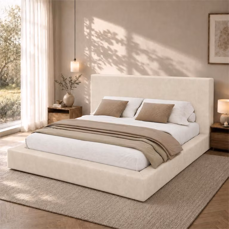 Letto imbottito Flieks 160x200 cm con rete a doghe, letto matrimoniale. Letto classico con testiera imbottita. Letto per ragazzi, struttura in legno con rivestimento in chenille, color beige