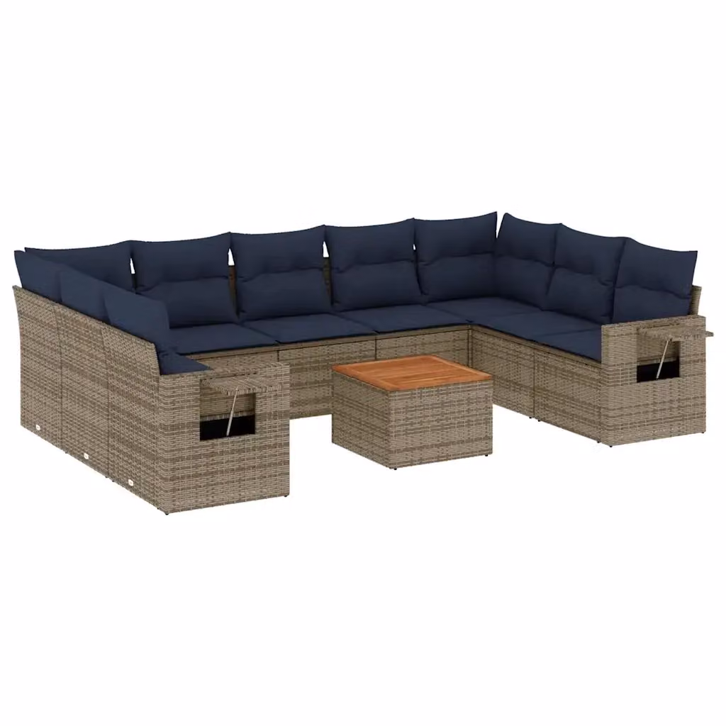 Set di Divani da Giardino a L vidaXL in Polyrattan con Cuscini Blu e Grigio e Tavolino da Esterno – 2