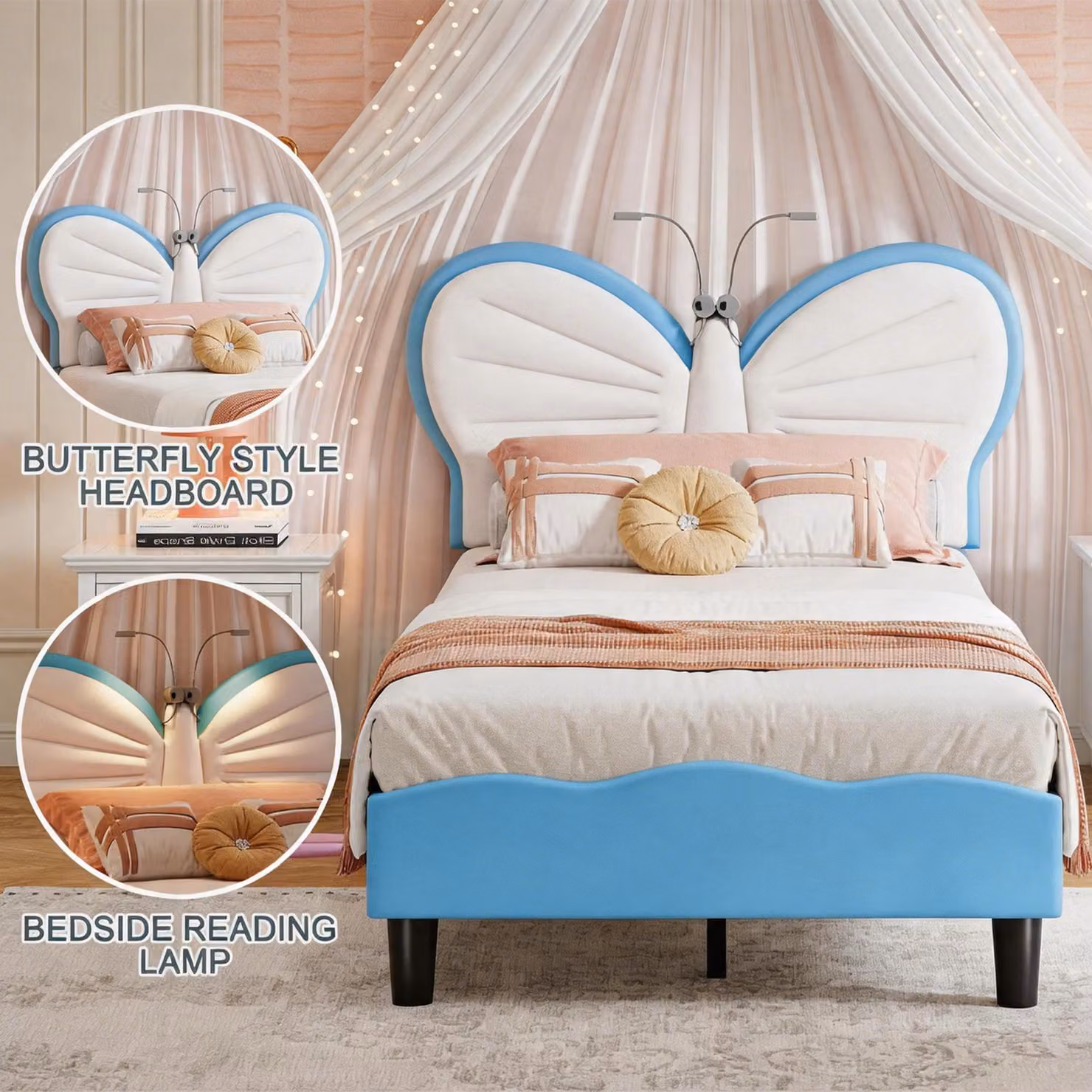 UnboxG Lettino per bambini 90x190 cm Bianco-blu Finto cuoio con motivo a farfalle, regolabile in altezza, 2 lampade da lettura a LED