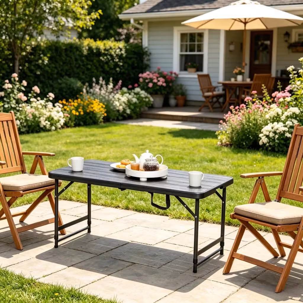 Tavolo da giardino rettangolare pieghevole OKWISH regolabile in altezza per 4 persone in plastica e acciaio verniciato, disponibile in nero o grigio opaco – 2