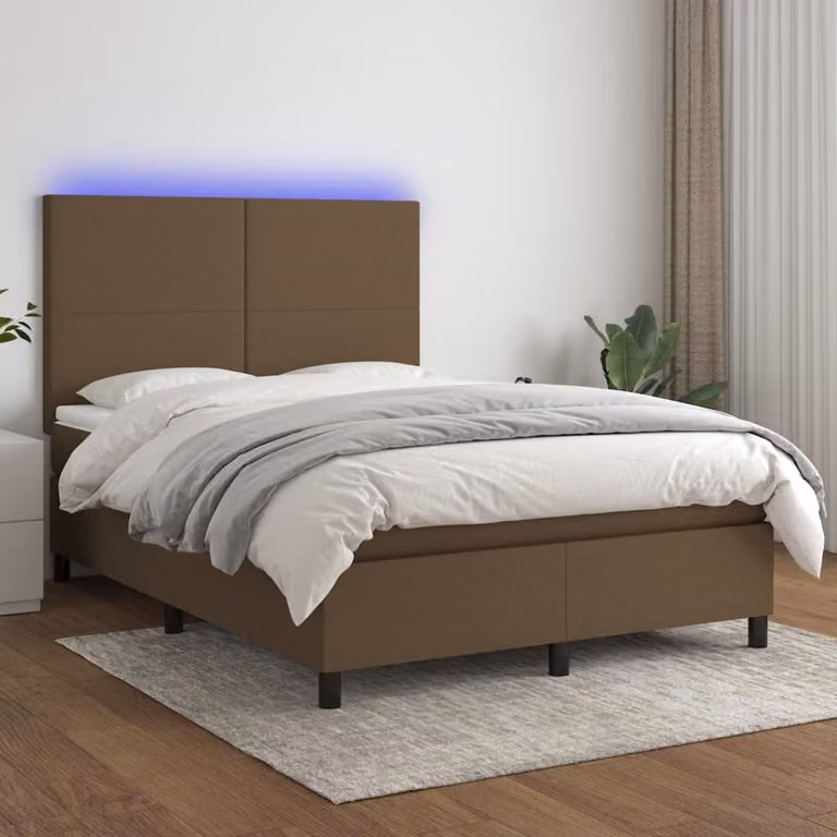 The Living Store Letto a molle con materasso e LED in tessuto marrone scuro 140x200 cm