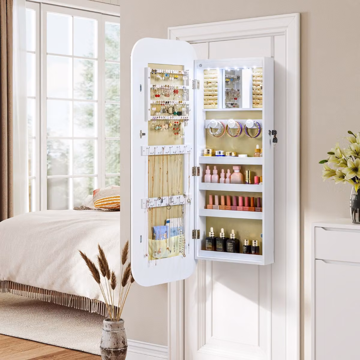 Armadietto porta gioielli Costway con specchio a figura intera e 6 LED, design moderno con bordi arrotondati, Bianco