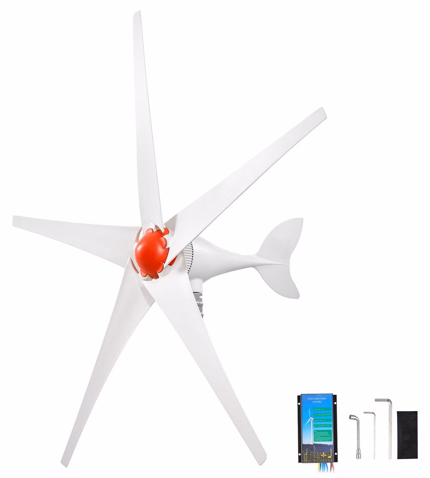 Turbina eolica da 12V, 800W - Turbina eolica ad asse orizzontale - 5 pale - Regolatore MPPT e PWM - Uscita in corrente alternata trifase - Protezione da sovraccarico IP67 - Regolatore di carica ibrido vento-solare