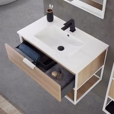 Mobile bagno sospeso Inbagno Baketo stile industrial bianco e legno rovere con pensile e base L/P/H: 79.6 x 44.7 x 50.0 cm