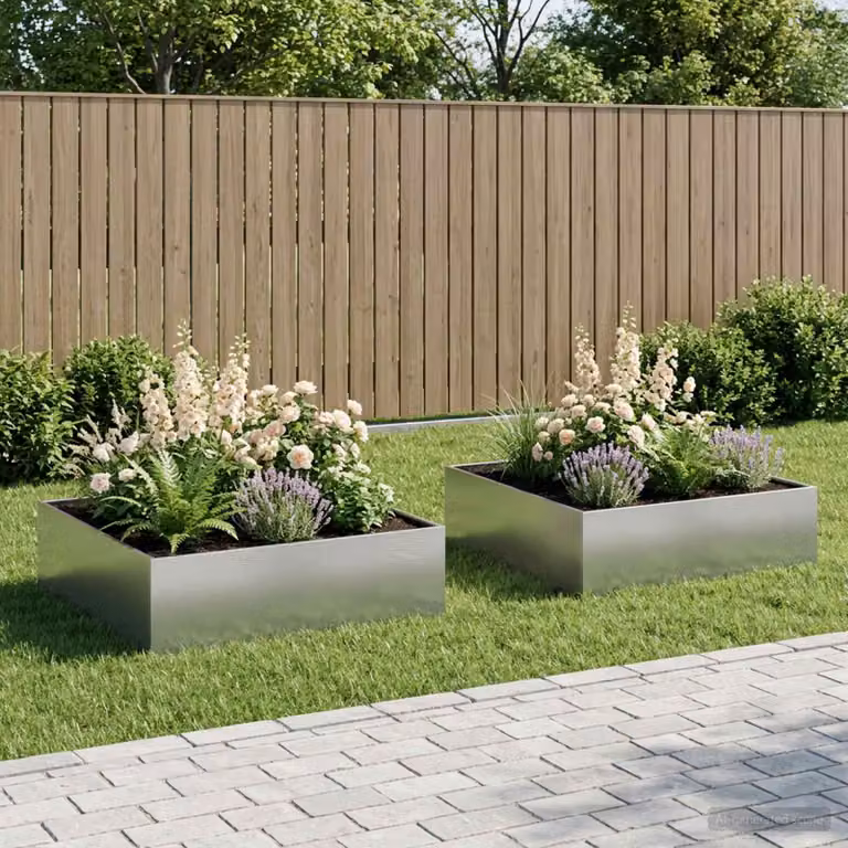 Set di 2 vasi da giardino vidaXL in acciaio zincato color argento L: 100 cm, P: 100 cm, H: 30 cm