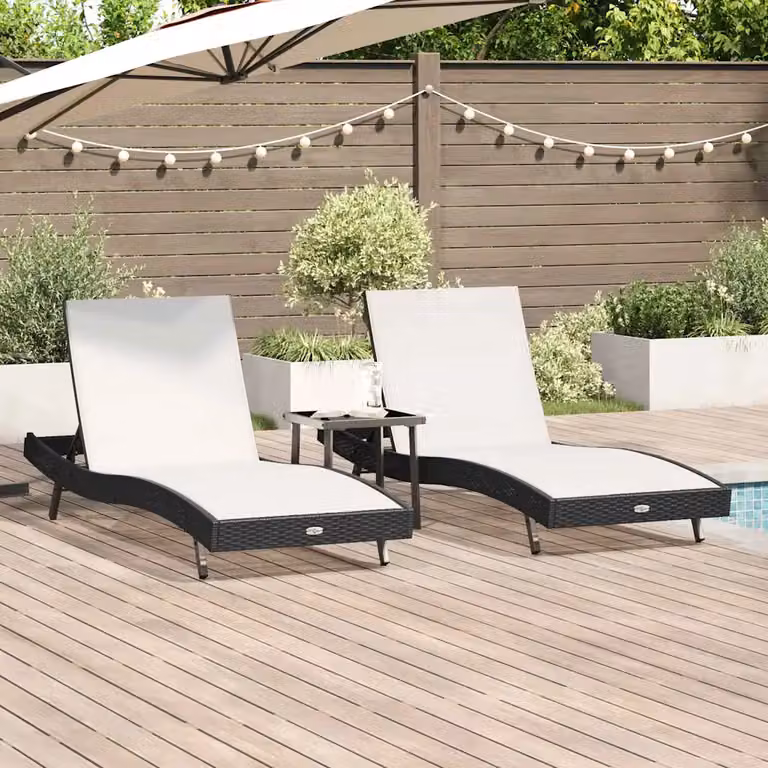 Set di 3 lettini da sole vidaXL in polyrattan nero e bianco con poggiatesta regolabile L: 197 cm, P: 70 cm, H: 82 cm