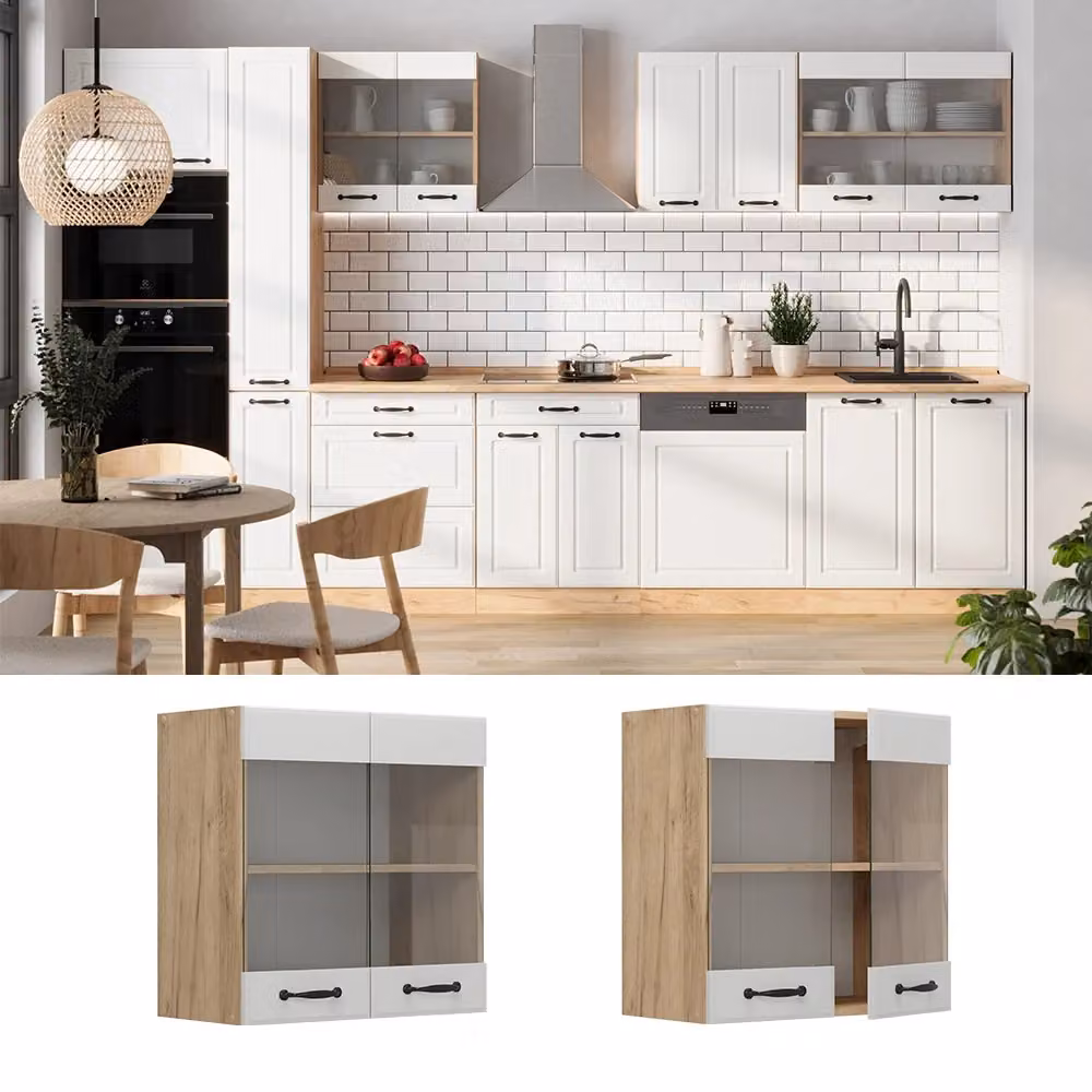 Pensile da cucina Vicco R-Line Bianco rustico e Rovere dorato con ante in vetro – 2