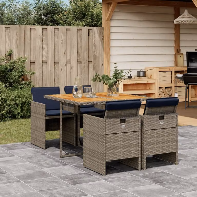 Set da pranzo da giardino vidaXL in polyrattan e legno di acacia con 5 pezzi e cuscini, colore grigio